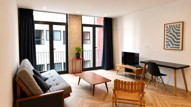 Sala con sofá cama, escritorio y ventanales de piso a techo
