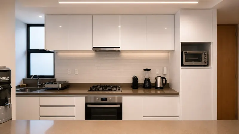 Cocina equipada con estufa, horno, cafetera y filtro de agua
