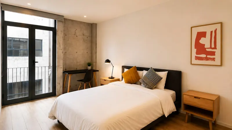 Recámara con cama queen, escritorio y puerta al balcón